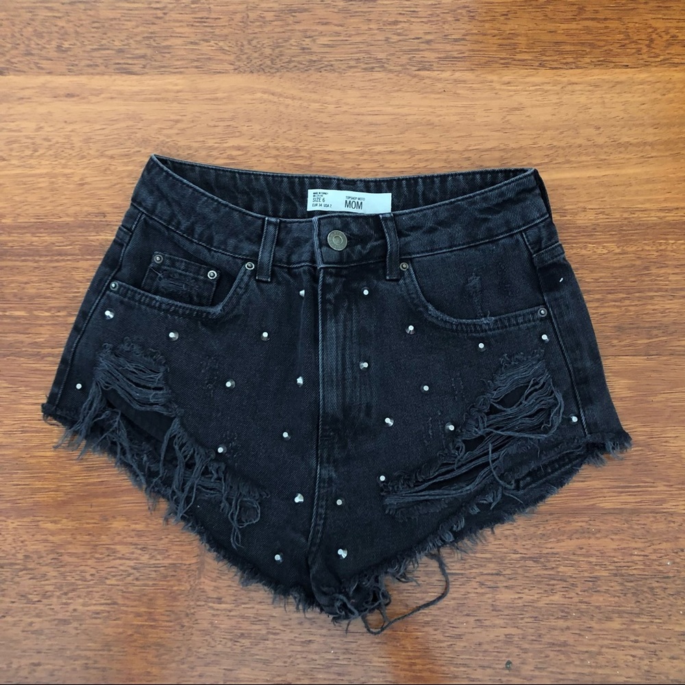 topshop black studded denim high waisted shorts